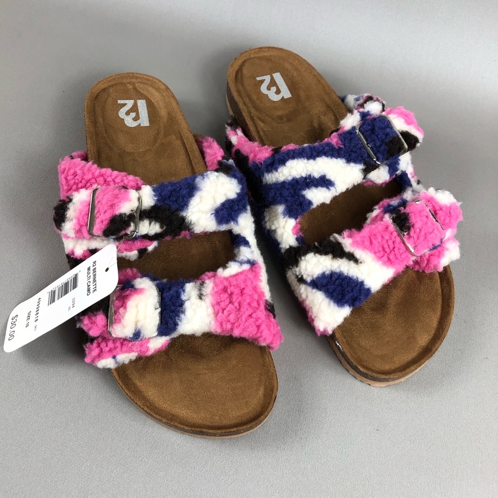 R2 Bernette Multi Camo Sherpa Teddy Shearling Buckled Double Strap Sandals